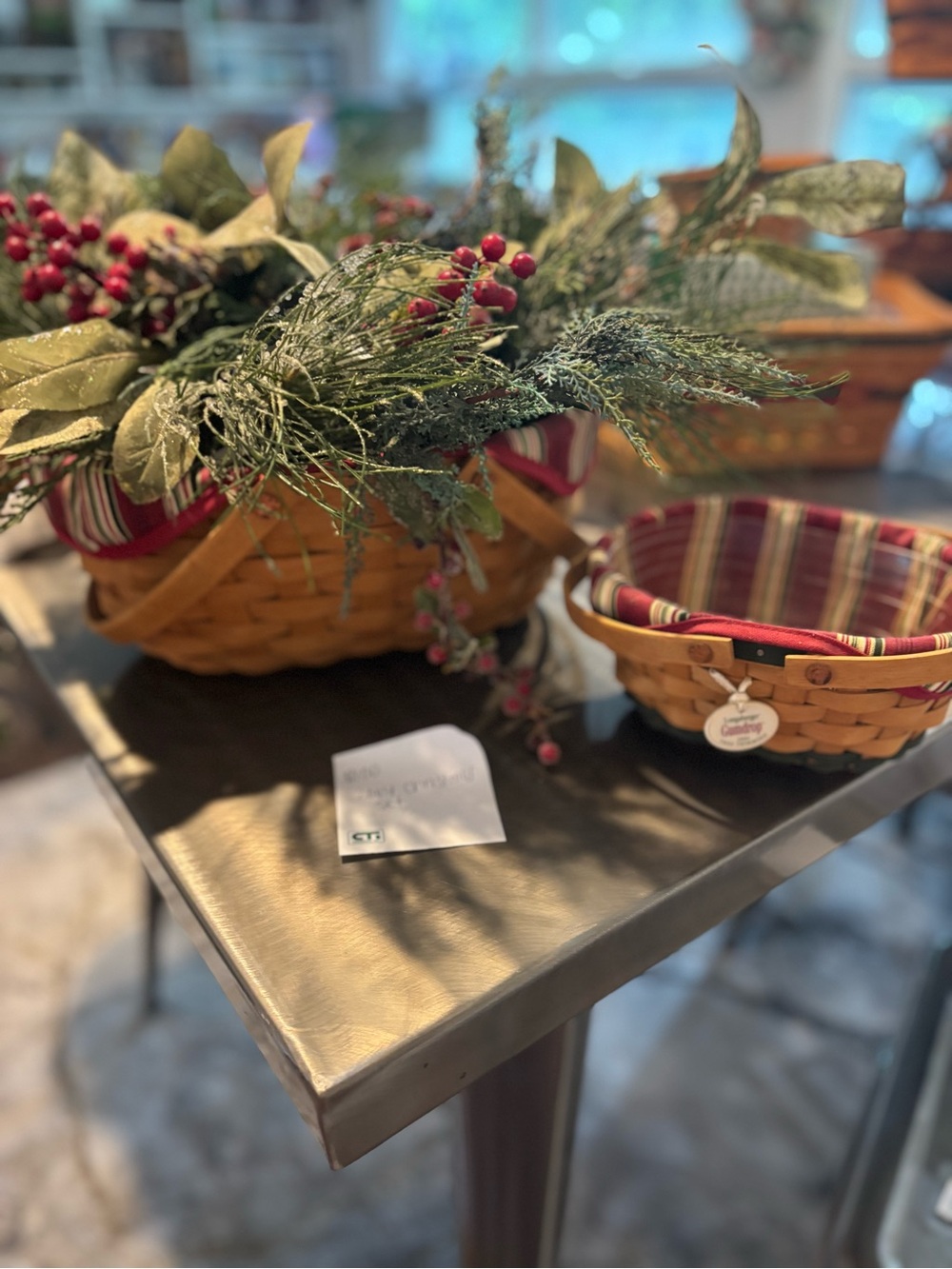 Longaberger Natural Woven Holiday Baskets with Red Striped Liners